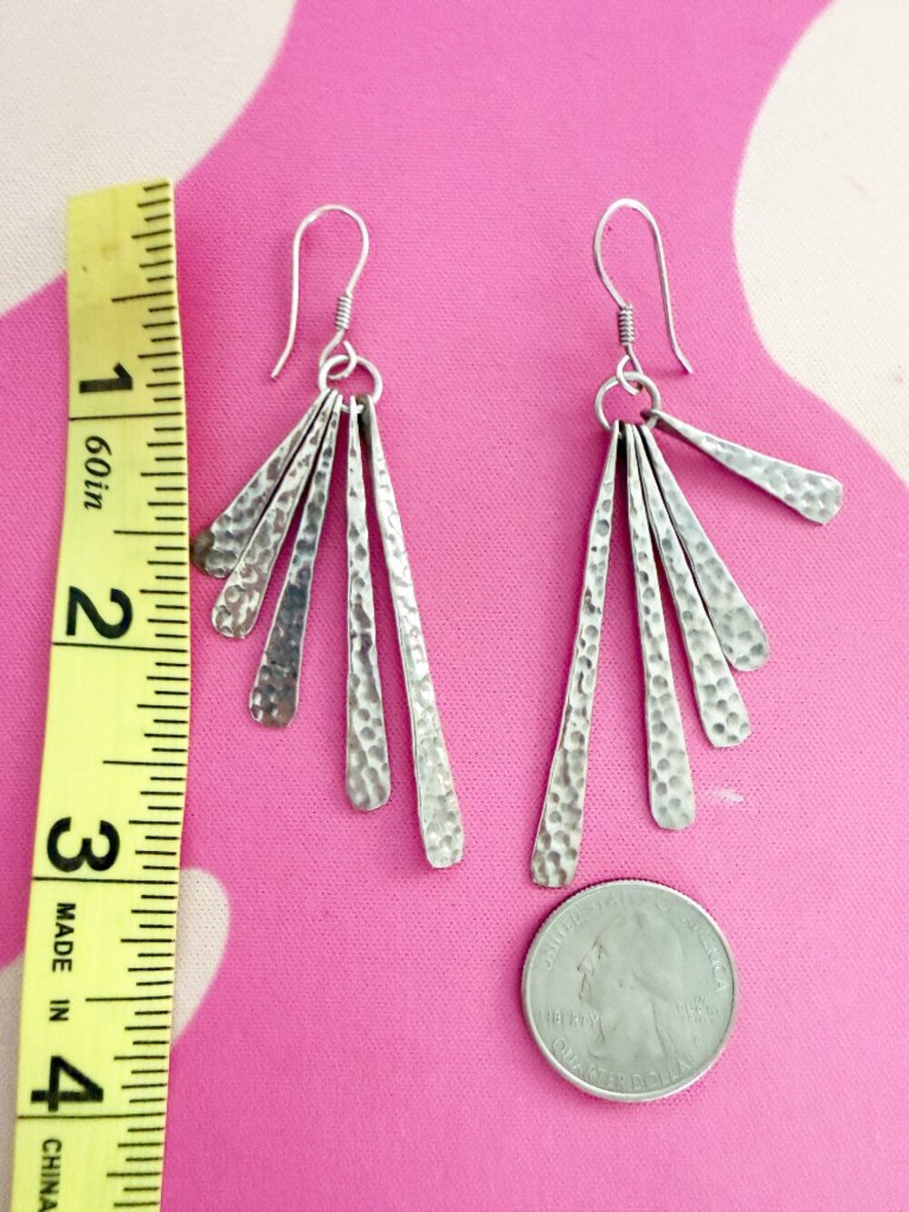 Sterling Silver 925 Mexico Hammered Dangle Drop Earrings - Picture 3 of 6